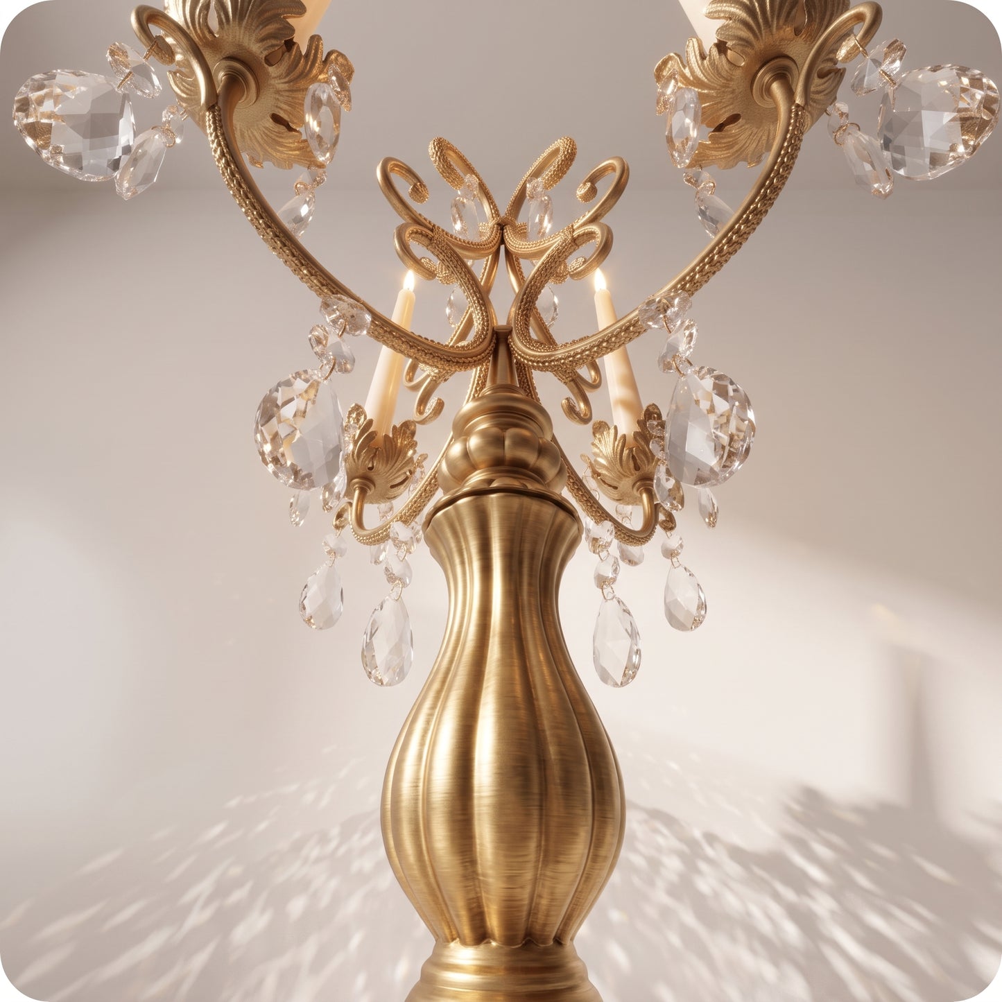 Candelabro chapado en níquel con cristal alto y porta velas dorado