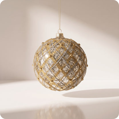 Esfera de cristal de lineas plata y oro con perlas 16 cm