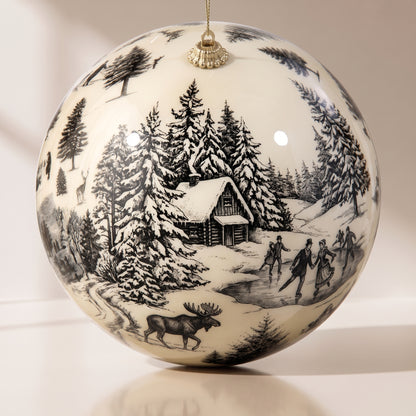 Esfera blanca de vidrio con estampado de bosque 16 cm