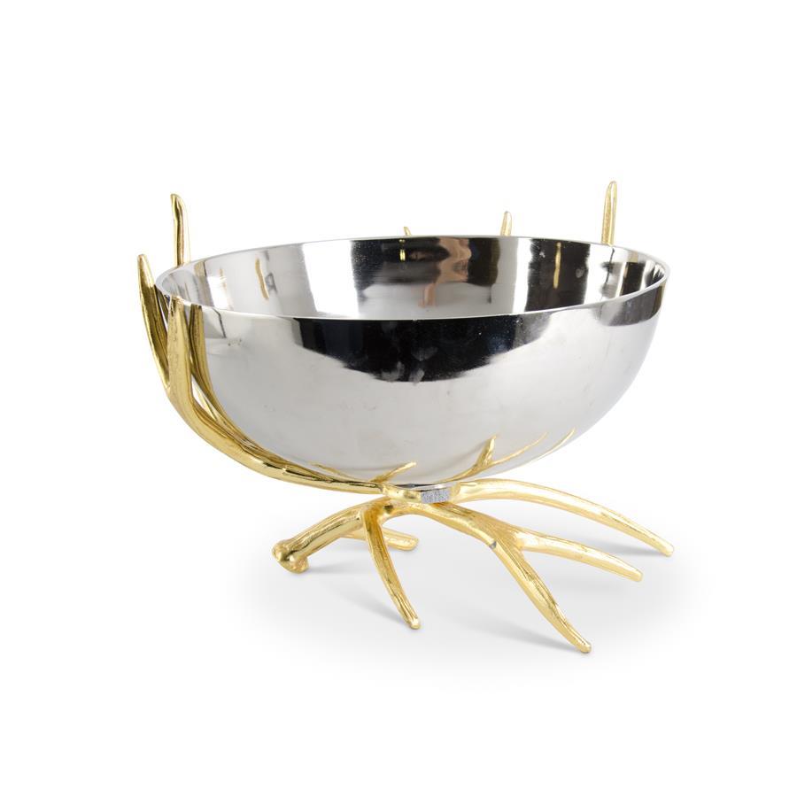 TAZON DE METAL PLATEADO CON CUERNOS DORADO BASE  40 CM ALTO