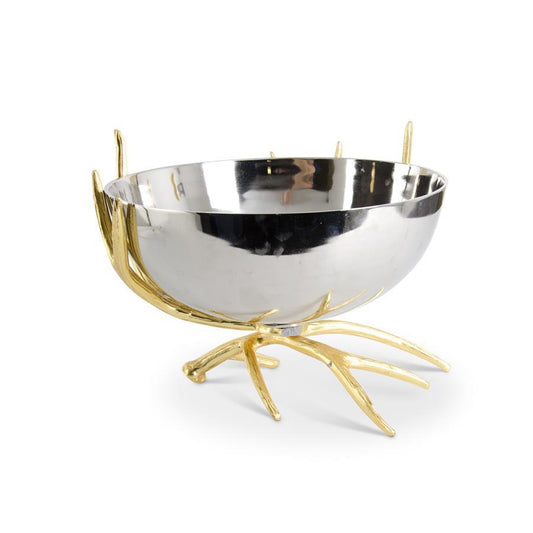 TAZON DE METAL PLATEADO CON CUERNOS DORADO BASE  40 CM ALTO