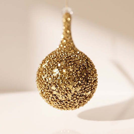 Esfera Gota de vidrio, cuentas doradas y purpurina