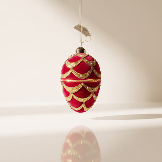 Esfera cristal de terciopelo rojo con cuentas doradas