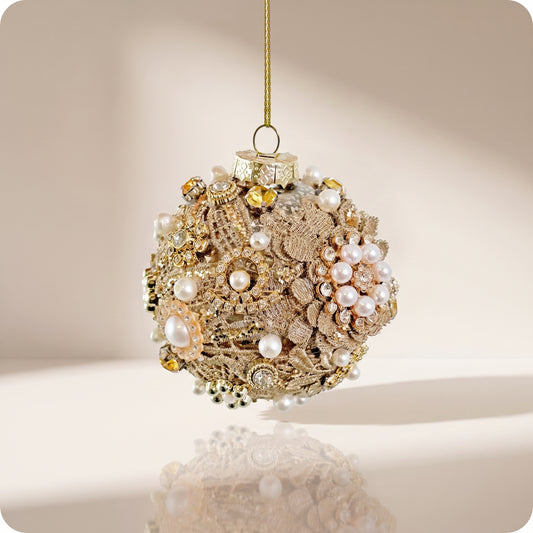 Esfera de cristal de plata antigua con flores de perla y gemas