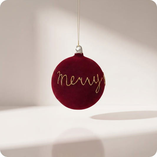 Esfera de cristal dk burdeos terciopelo Feliz Navidad