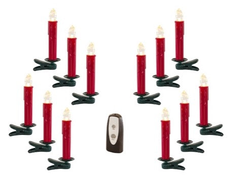 SET DE 12 VELAS DE LUZ LED ROJAS PARA ARBOL CON ADAPTADOR PILA AAA  CON TIMER AUTOMATICO DE 6 HORAS CON CONTROL 12 CM