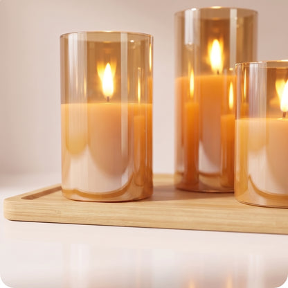 Lámparas con vela decorativas en vidrio dorado