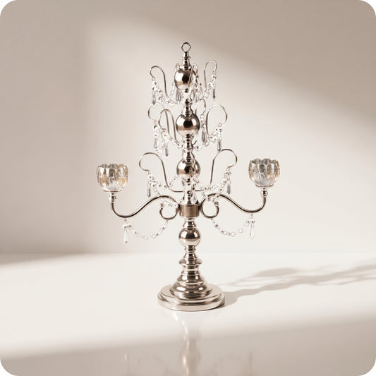 Candelabro chapado en níquel con cristal plateado largo