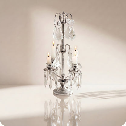 Candelabro chapado en níquel con cristal y porta velas plateado
