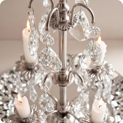 Candelabro chapado en níquel con cristal y porta velas plateado