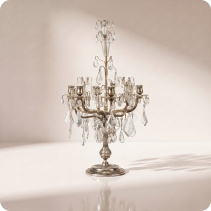 Candelabro chapado en níquel con cristales grandes y porta velas plateado