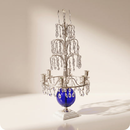 Candelabro chapado en níquel con esfera de cristal azul plateado