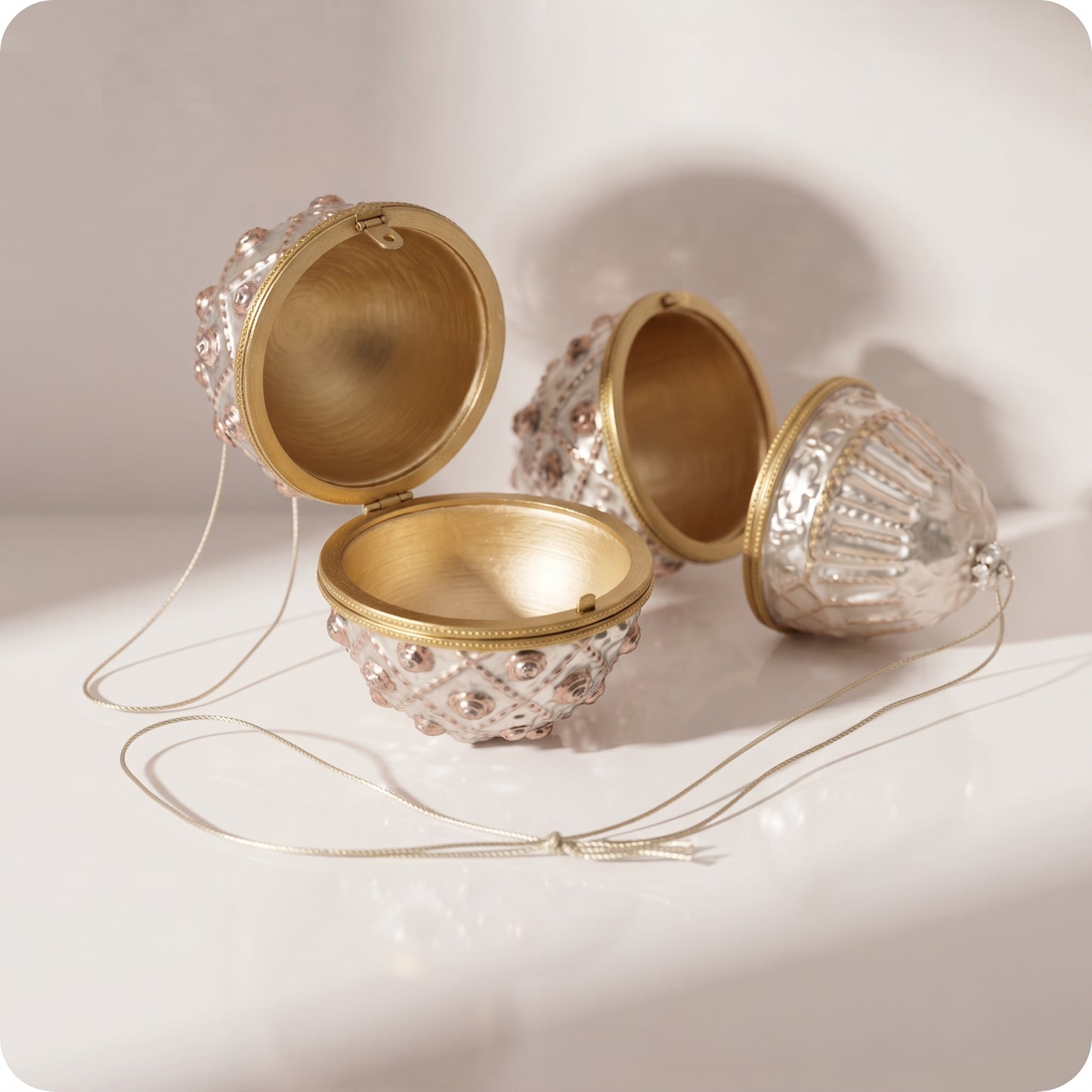 Set de 2 esferas champagne con cobre y dorado, tipo huevo abierto