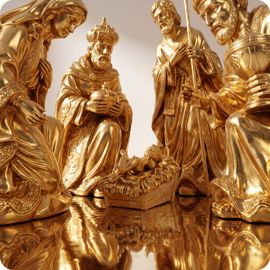 Nacimiento sagrada familia y reyes magos dorados