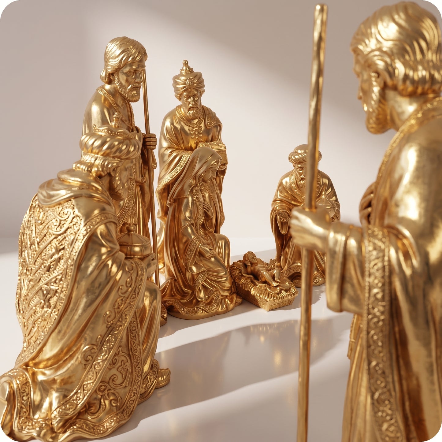 Nacimiento sagrada familia y reyes magos dorados