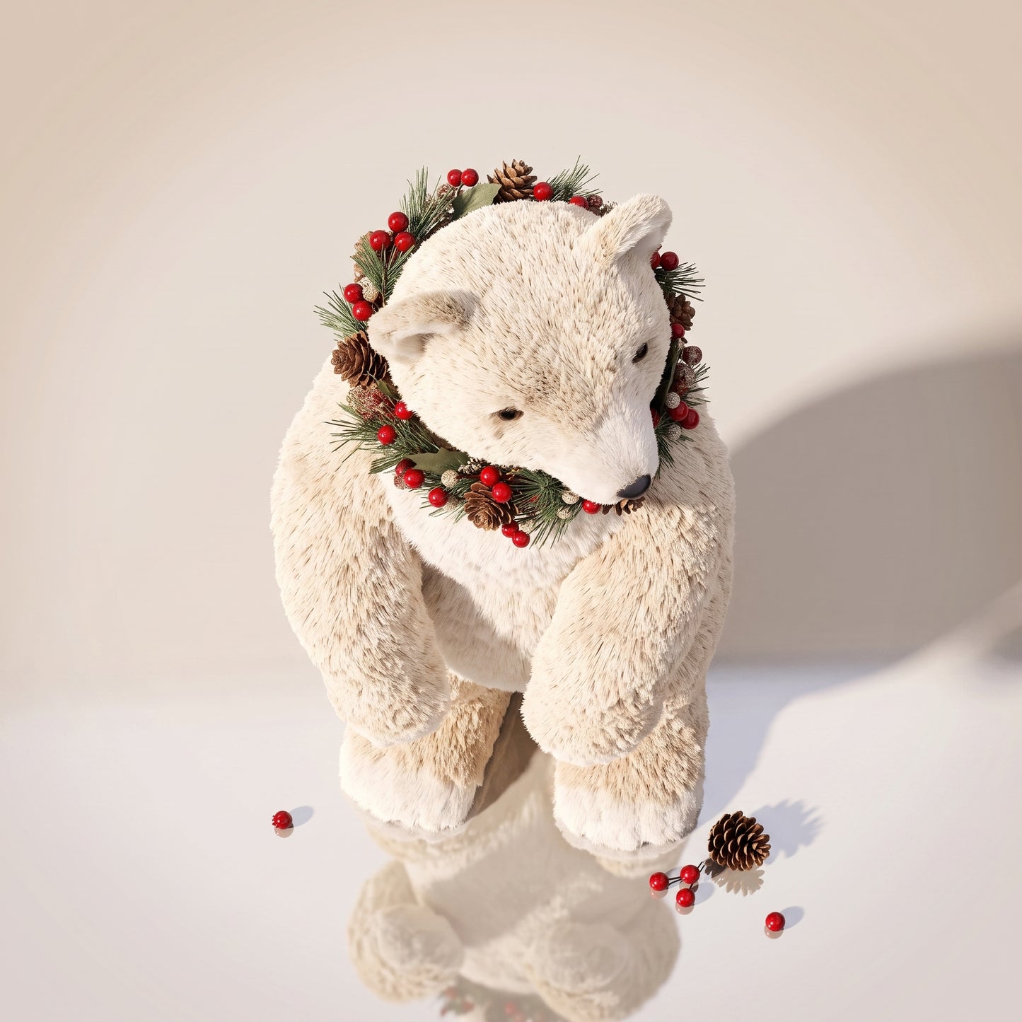 Elegante oso polar de fibra de coco con bufanda roja