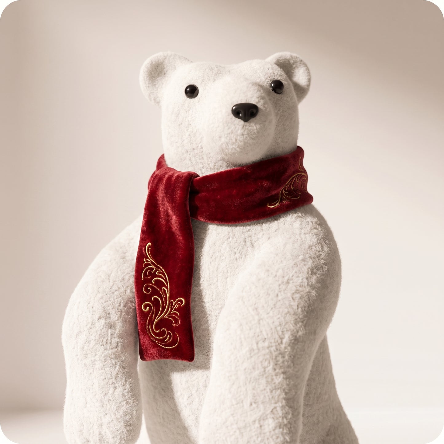 Elegante oso polar blanco con bufanda roja parado 1