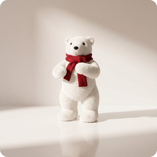 Elegante oso polar blanco con bufanda roja parado