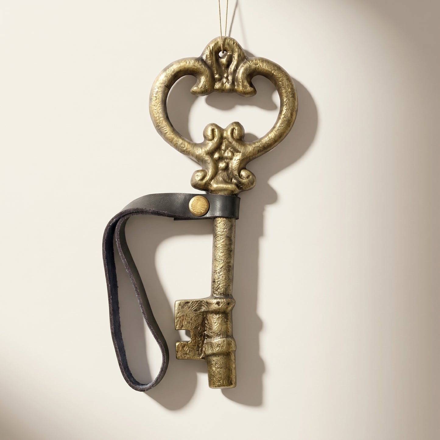 Adorno de llave antigua con correa de cuero dorada