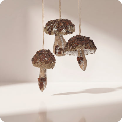 Esferas hongos con glitter marron y piedras en la punta 11 cm