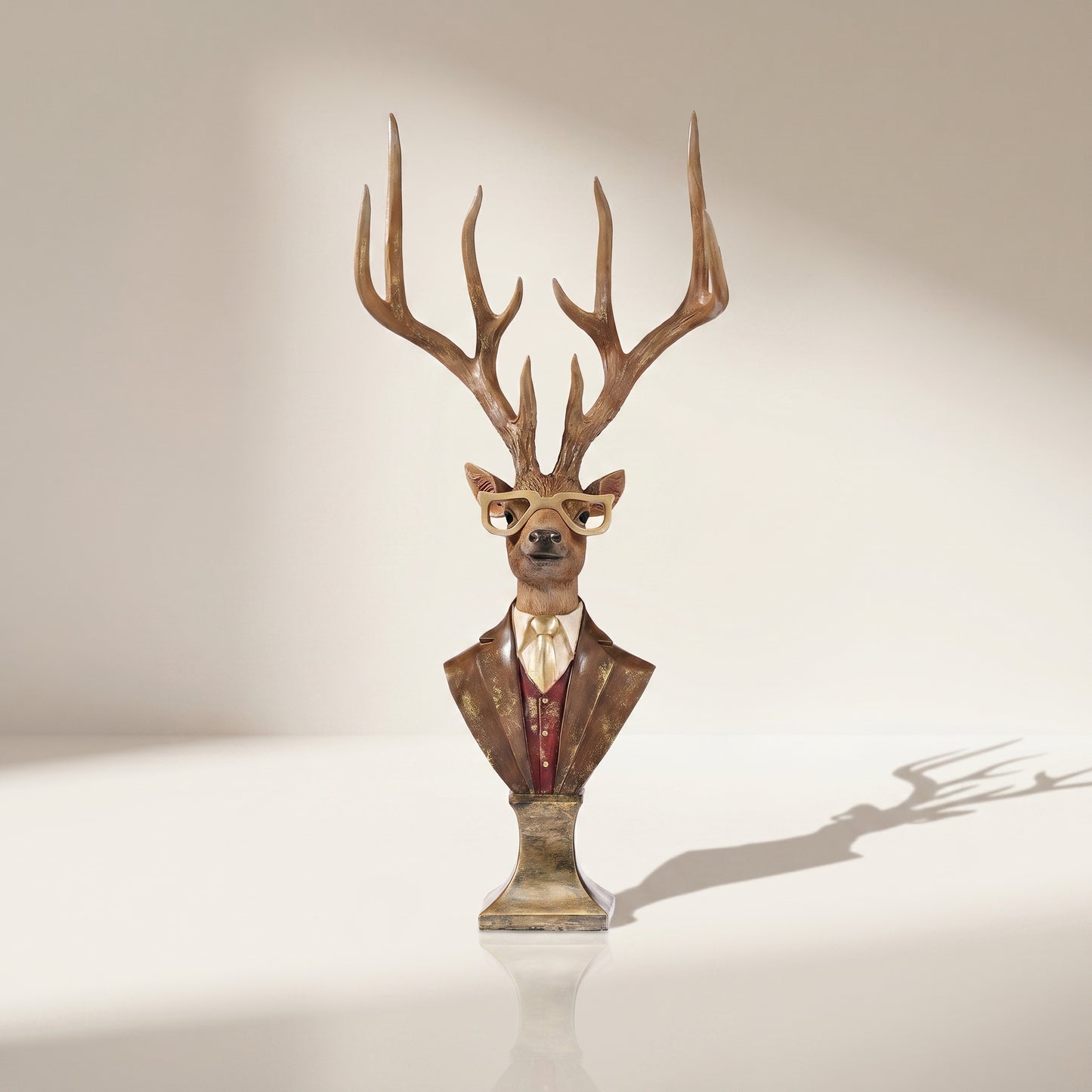Busto de ciervo de resina sobre pedestal con gafas