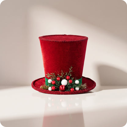 Sombrero de copa de acebo pino rojo y esferas blancas