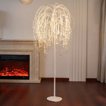 Árbol llorón con gotas de vidrio y luz LED blanca
