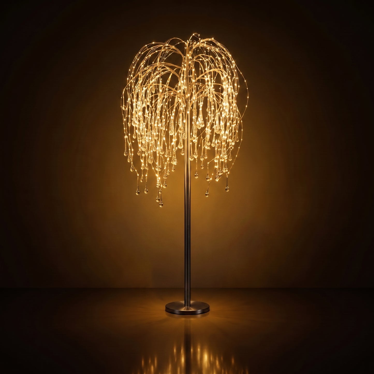 Árbol llorón con gotas de vidrio y luz LED blanca