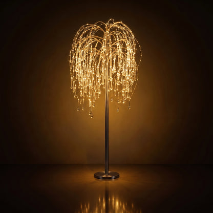 Árbol llorón con gotas de vidrio y luz LED blanca