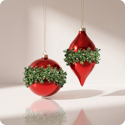 Adornos remates de pino de cristal rojo y verde